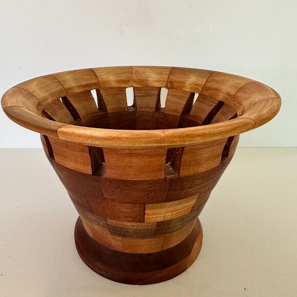 Handcrafted Turned Wood  Vase Open Segmented Trim Natural Home Decor 6" Tall - Picture 2 of 7